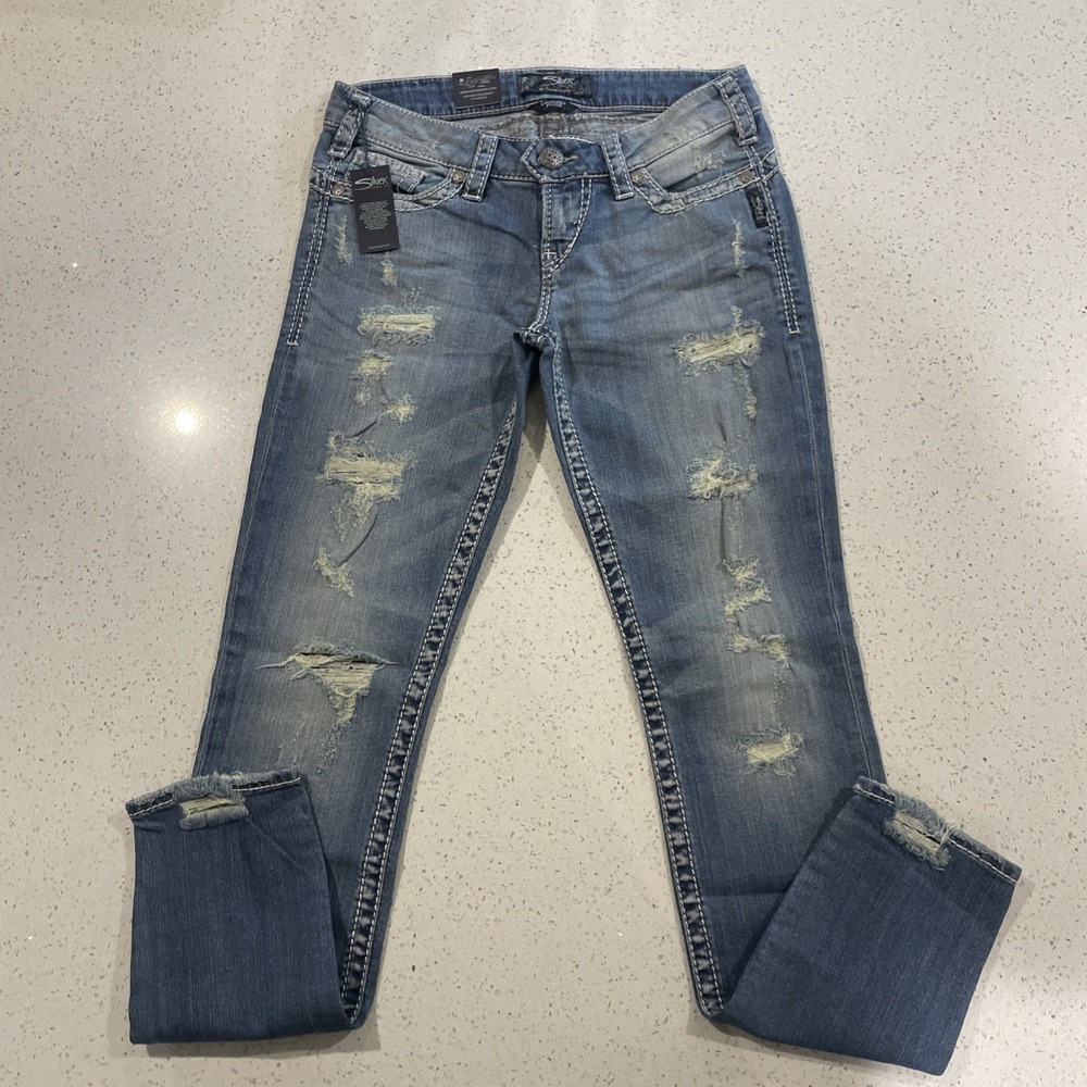 Silver Jeans Camden Rose Jegging Distressed Med Rise 27x31 L Skinny Leg NWT